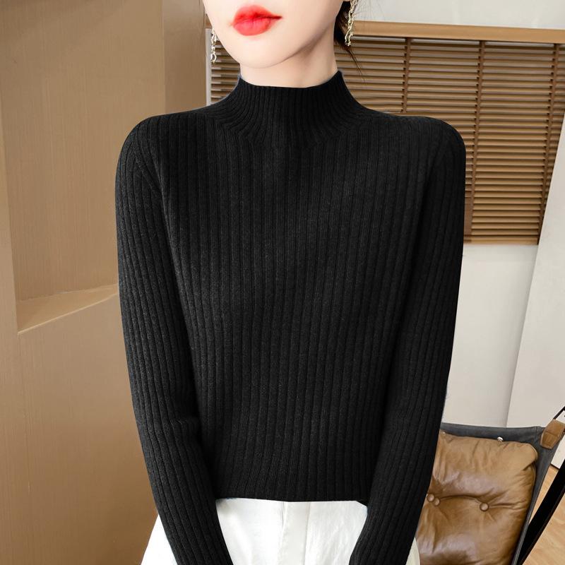 Half-high Neck Pit Stripe Sweater Women Fall and Winter Warm Inner Slim Thin Knit Sweater Bottoming Shirt
