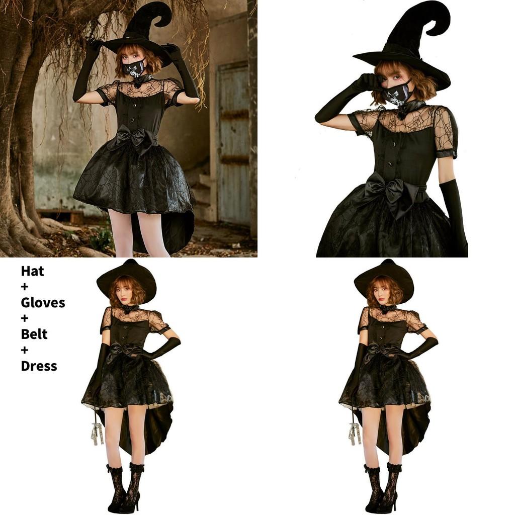 Black Lace Mesh Witch Tailcoat Dress Costume For Halloween Party Cosplay