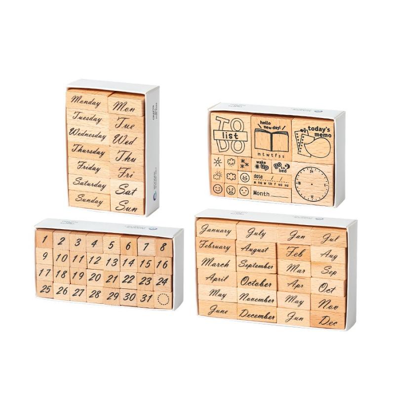 Office School Supplies Wooden Time Seal Set Box Week and Month Digital Handbook Cross Border Date Planning Time Assorted Stamp