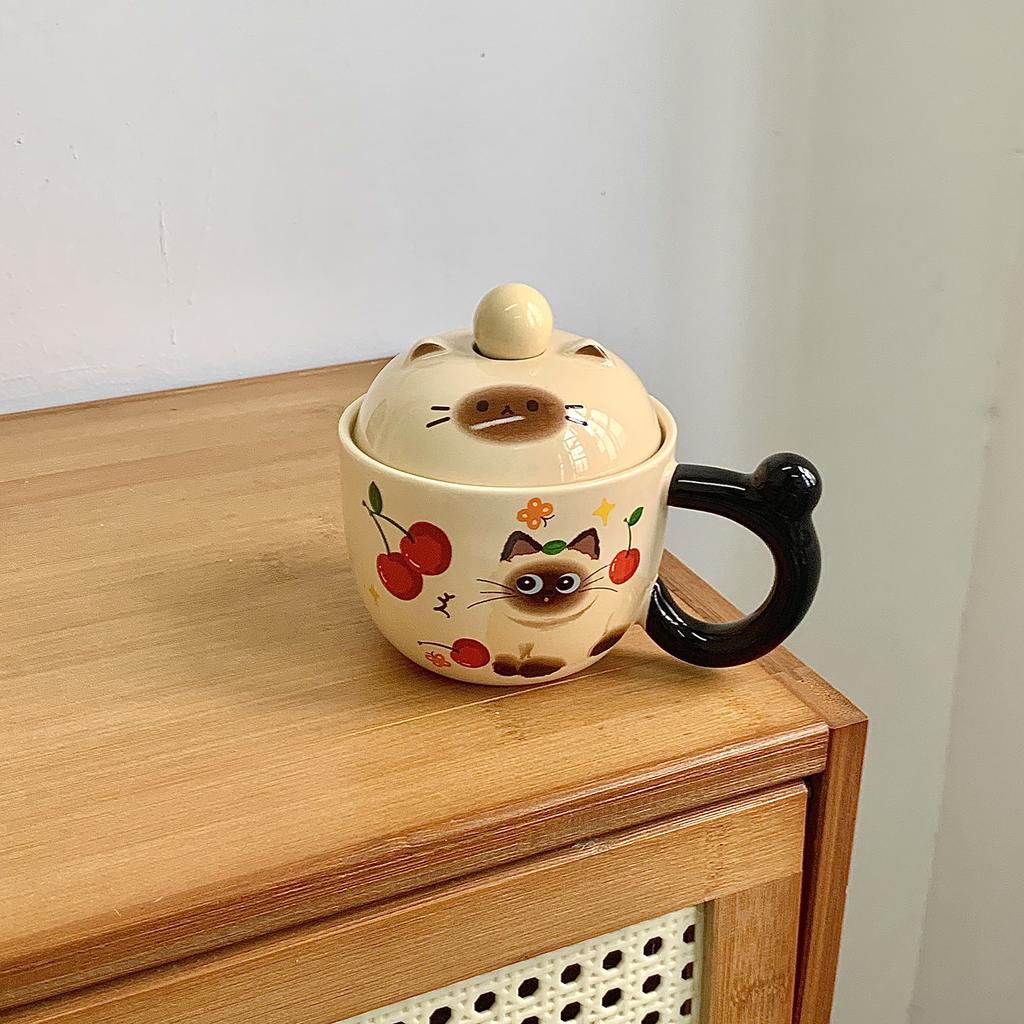 Siamese Cat Mug with Lid Spoon Cute Ceramic Cup for Women Home Office Coffee Breakfast Cup Birthday Gift