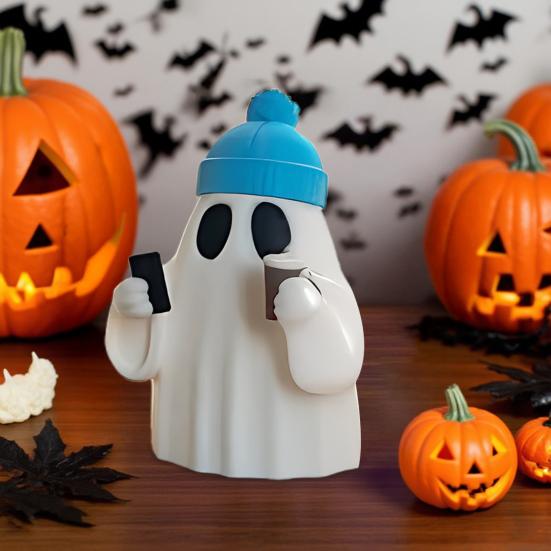 Halloween Ghost Figurine Cute Ghost Holding Phone And Cup Statue Small Ghost Tabletop Ornament for Halloween Home Decor
