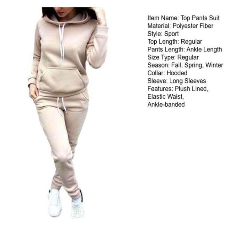 Women Plush Hoodie and Pants Set 2 Pcs Solid Color Long Sleeve Top Elastic Waist Ankle Banded Trousers Thick Sport Fitness Suit