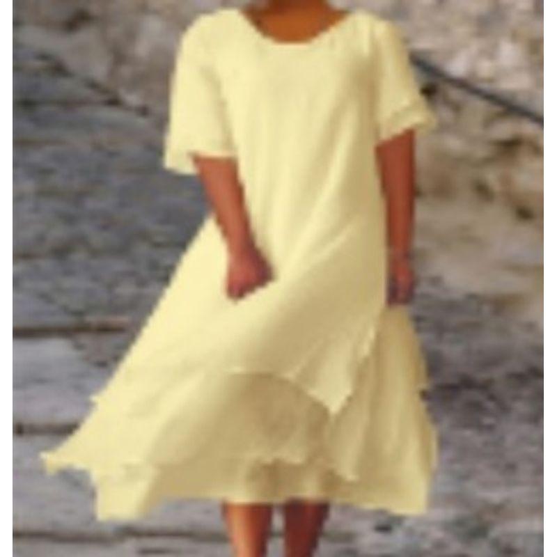 

Fashion Casual Double-Layer Split Short Sleeve round Neck Dress Yellow M