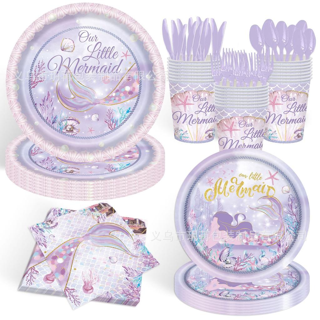 Purple Mermaid Disposable Tableware Set Our Little Mermaid Plates Cups Napkins Kids Girls Happy Mermaid Birthday Party Supplies