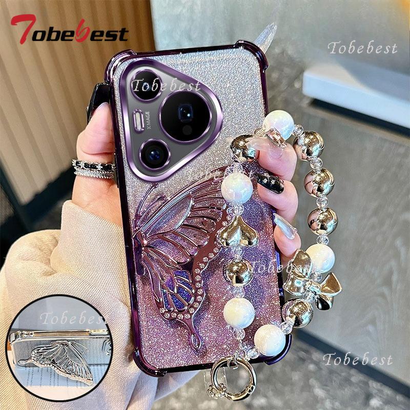 

Glitter Shockproof Plating Quicksand Butterfly Bracelet Case for Huawei Pura 80 70 Ultra P60 P50 P40 P30 Pro Plus Lite Cover Huawei Pura 80 Pro фіолетовий
