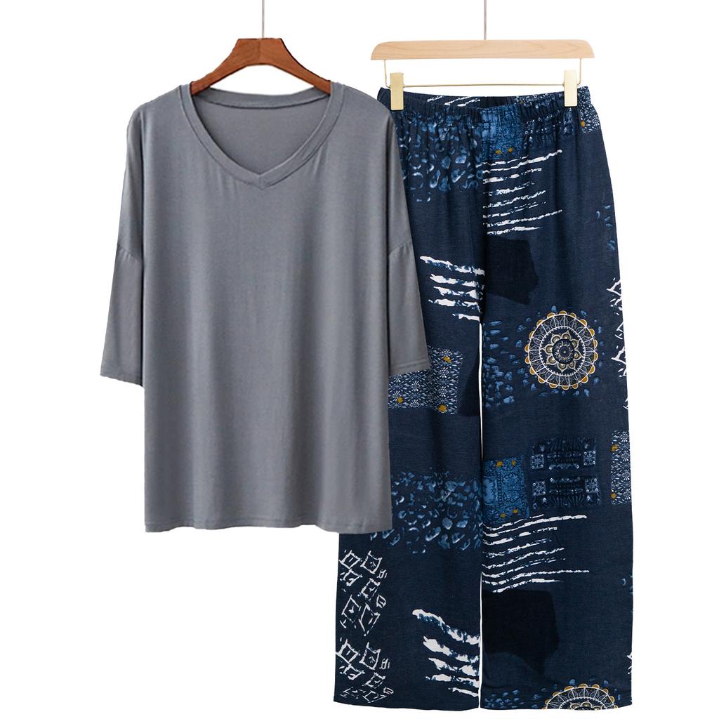Pajamas Women's Spring and Summer New V-neck Short-sleeved Cotton and Linen Pants European and American Large-size Loungewear Two-piece Set