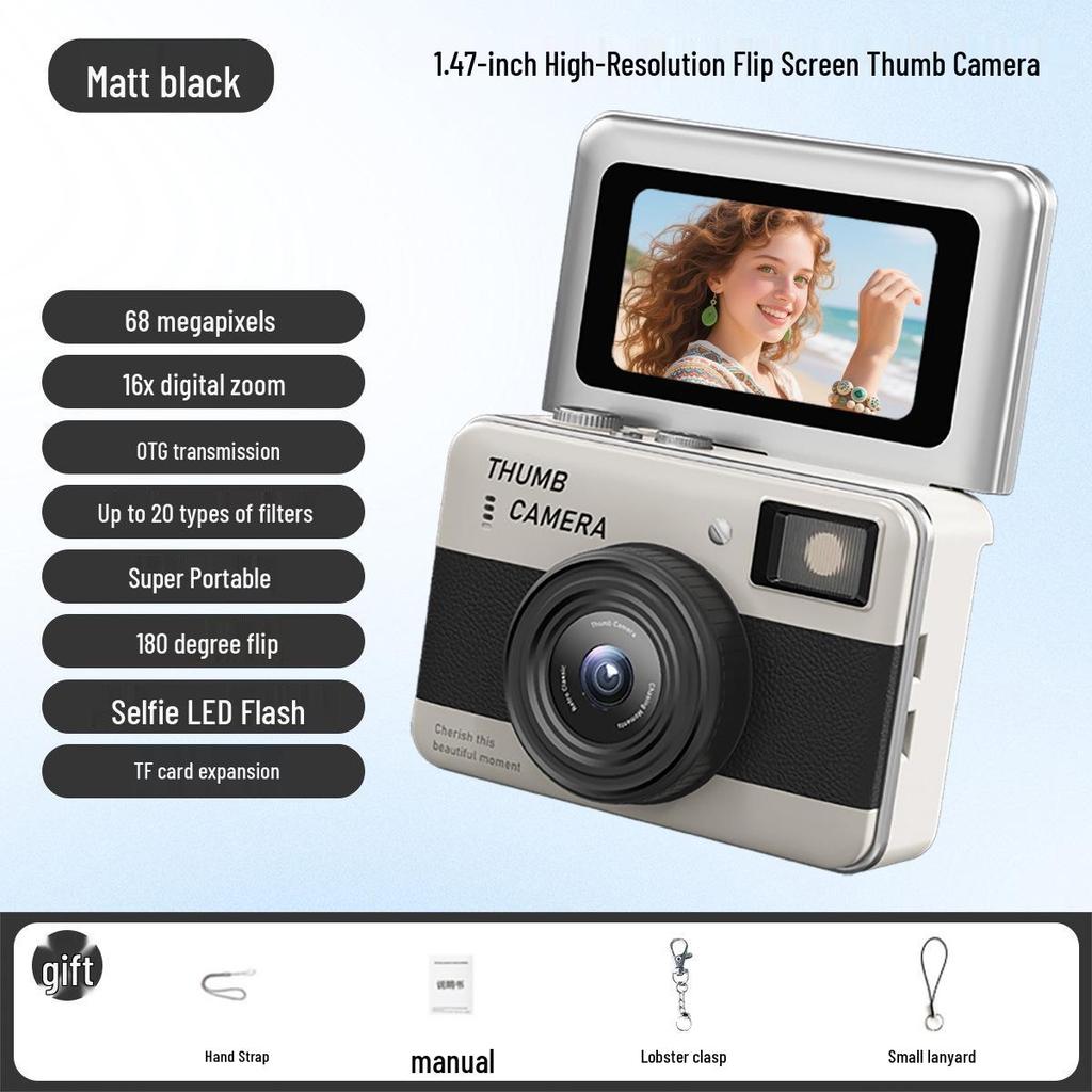 Retro Flip Screen Mini Camera for Students - Portable HD Photo & Video Recorder with Lanyard