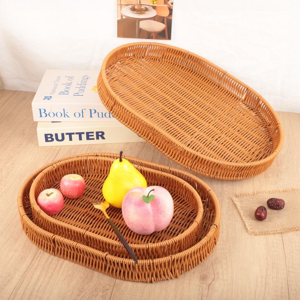 New Handwoven Food Plate Ellipse Shape Solid Storage Tray Plastic Rattan Serving Plate Storage Fruit Vegetable Cake