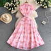 Gentle Pink Green and Yellow Embroidered Print Drop-Shoulder Shirt Dress for Women Summer Button-Down Belt Slim Midi Dress