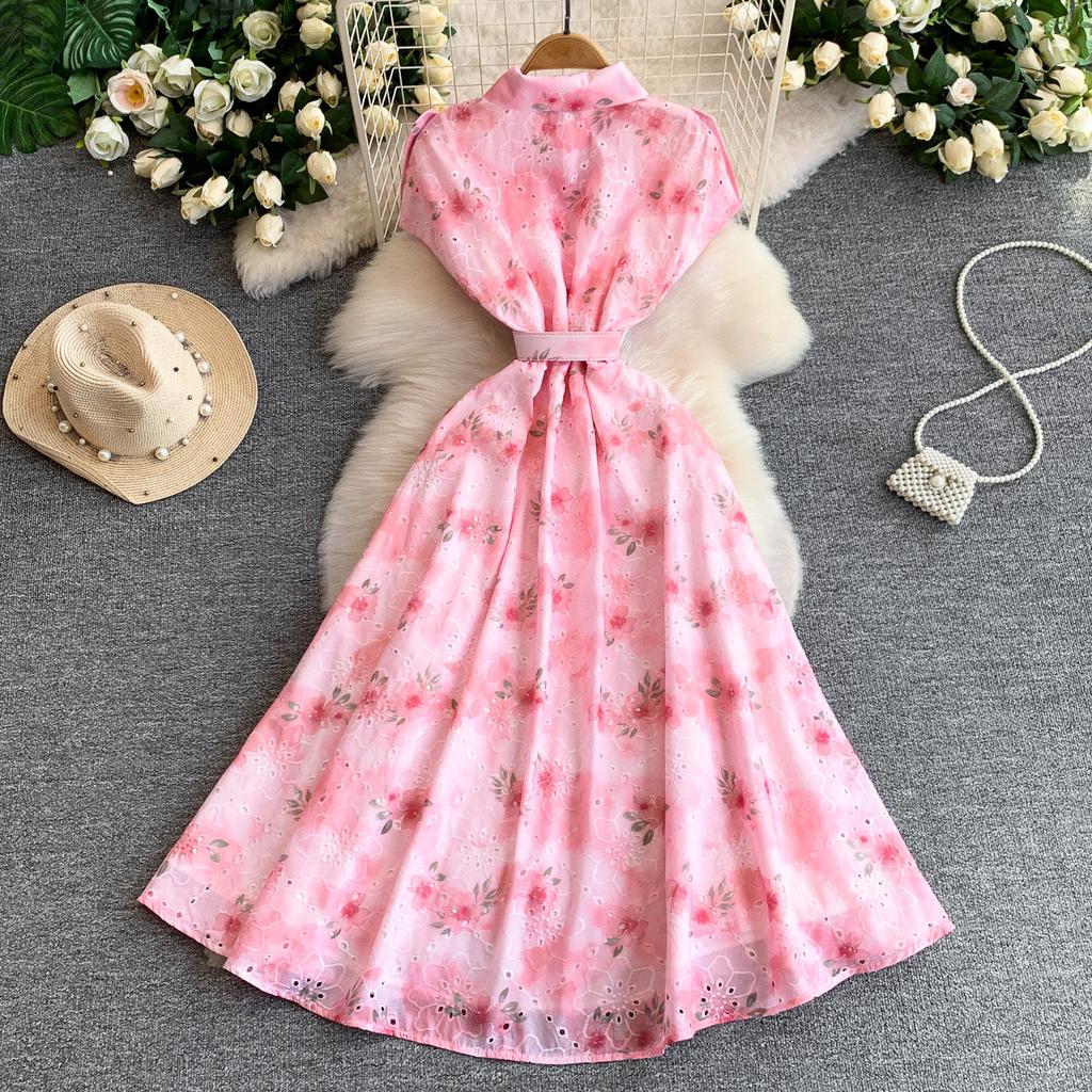 Gentle Pink Green and Yellow Embroidered Print Drop-Shoulder Shirt Dress for Women Summer Button-Down Belt Slim Midi Dress