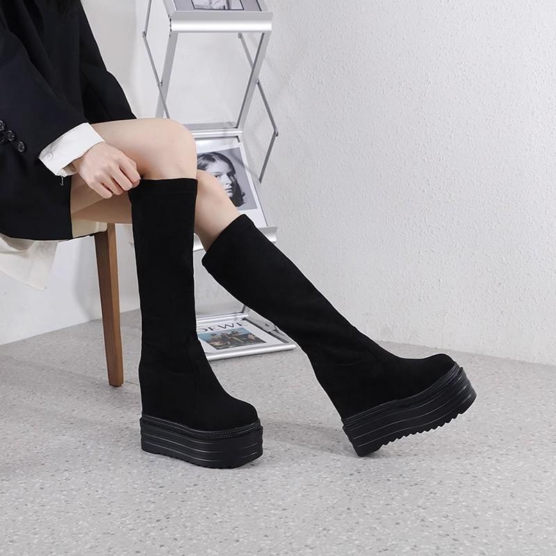 Modă Iarnă Crește Toc Cizme de Gleznă pentru Femei Talpă Groasă Pene Toc Înalt 13cm Pantofi cu Platformă Cizme Înalte Negre Femei