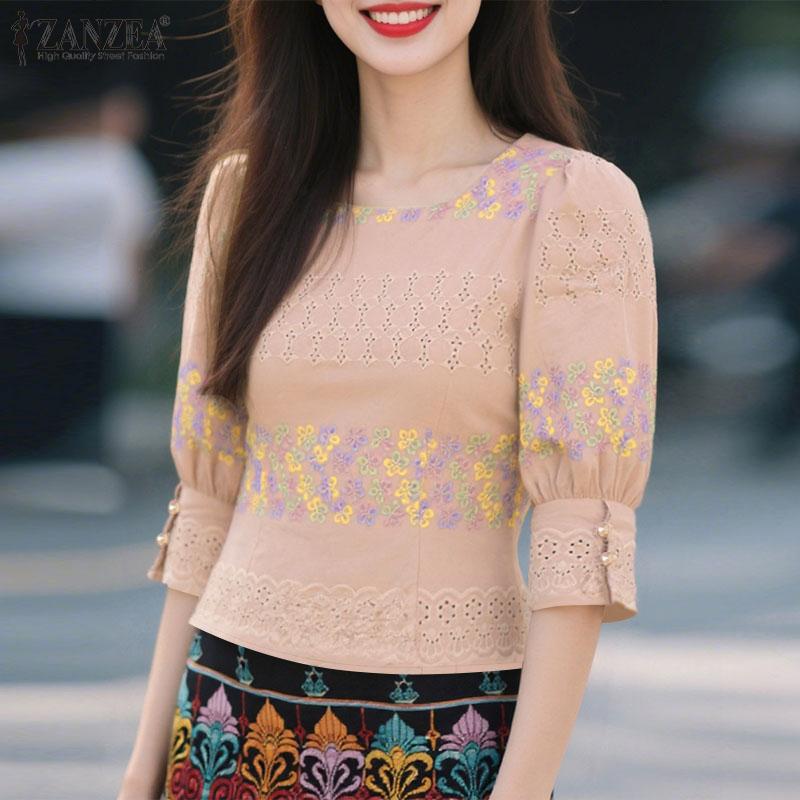 ZANZEA Women Casual Square Collar Summer 3/4 Sleeve Ethnic Print Blouse