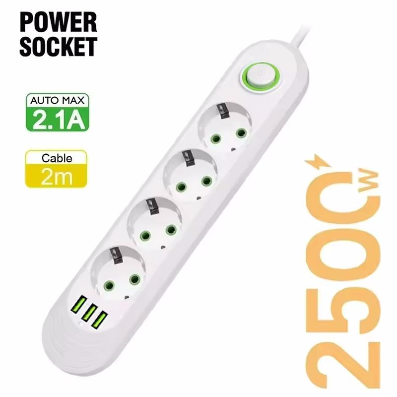 1111W Power Strip with 1USB Ports EU Plug Socket 1m Extension Cable Fast Charging Round Pin AC Outlet Electrical Charger Adapter