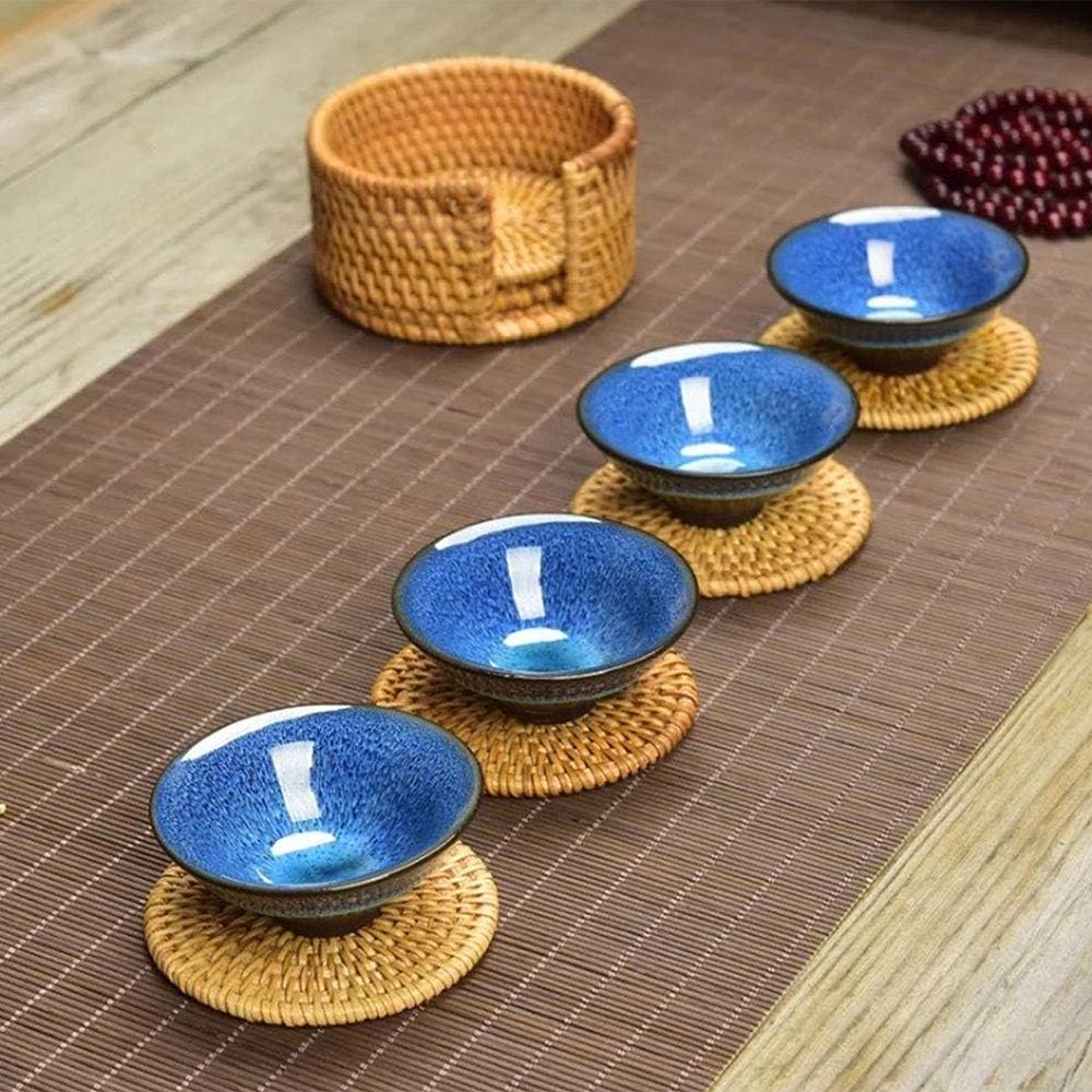 6pcs/set Handmade Rattan Table Mat Creative Placemat Heat Insulating Non-Slip Coaster for Dining Table Bowl Plate