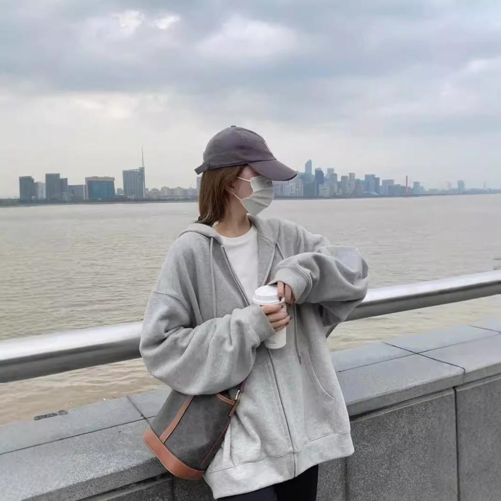 Lazy wind premium graue Strickjacke Damen lässig sportlich mit Kapuze Reißverschluss Top Cardigan vielseitig