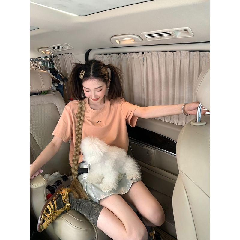 

District Ouyang Detachable Wig Short-Sleeved T-shirt Women s Summer Thin Stylish Niche Style Loose Crew Neck Top Tide Light Brown((In Stock)) S