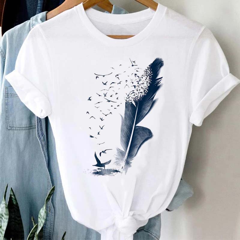 Women's T-shirt Watercolor Feather Graphic Printed T Shirt Women Short Sleeve Tshirt 90s Streetwear Female Clothes Tops