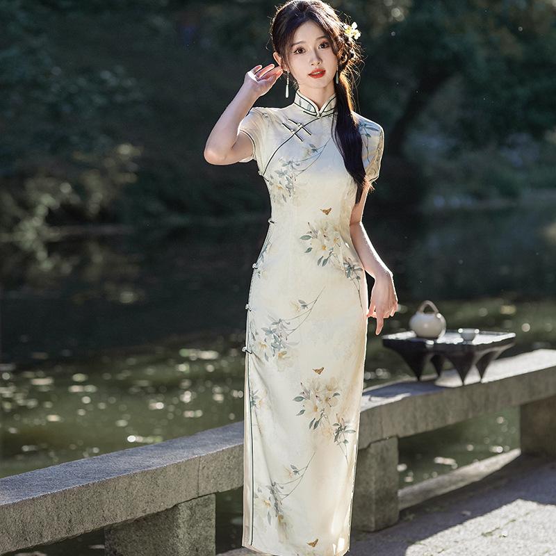 2026 New Chinese Style Silk Cheongsam: Summer-Autumn Retro Long Dress, Slim Fit, Double Layer for Banquets & Performances