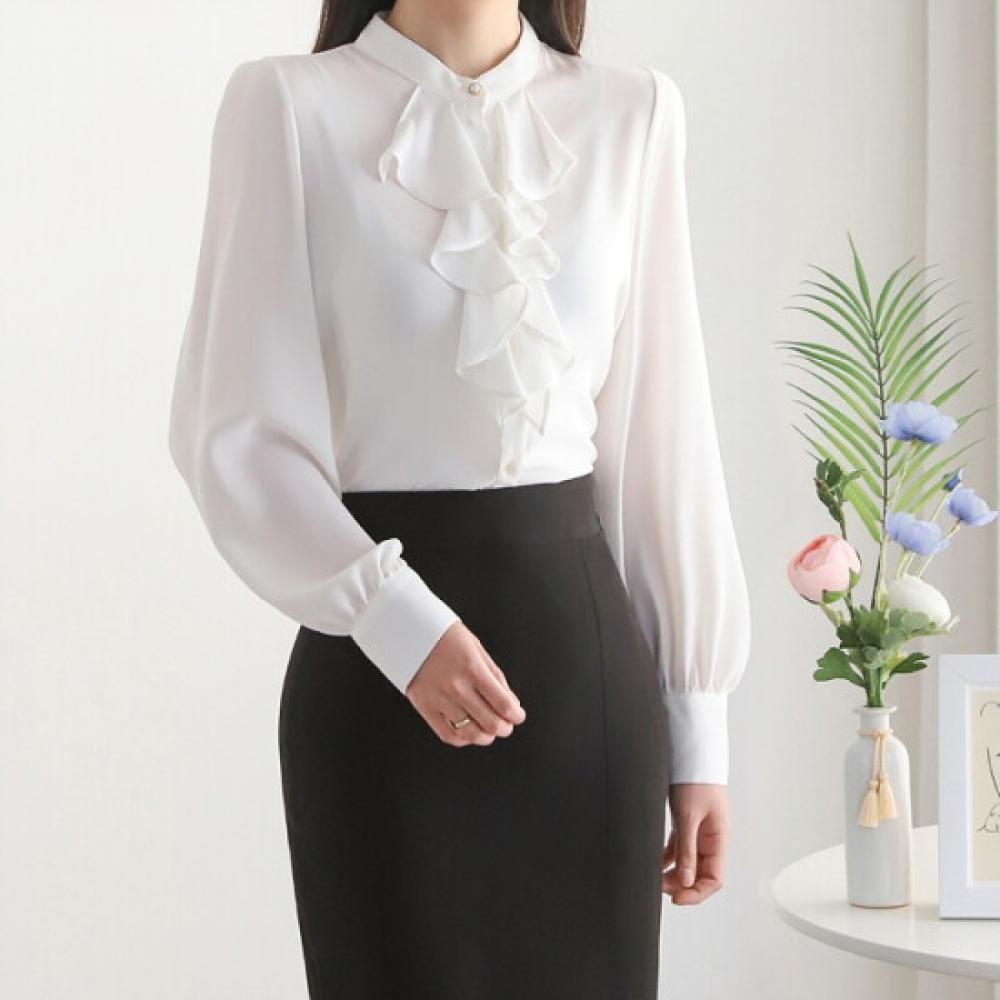 MorriS Coming Home Women S Ruffle China Neck Pearl Button blouSe M2601bl004a