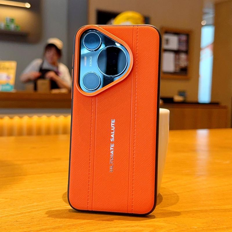 Étui de Conception en Cuir Texture Croisée de Luxe Pour Huawei Pura 80 70 Pro Ultra Mince Anneau de Caméra Orange Étui Housse antichoc