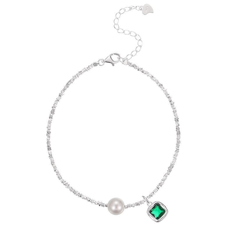 Banyan Tree S925 Silver Luxury Square Bead Anklet - High-End Women's Emerald Foot Jewelry