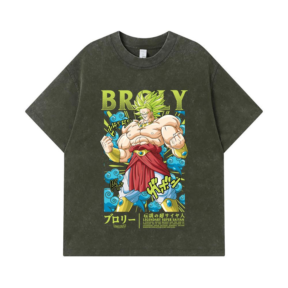 

275 GSM Washed T-shirts 100% Cotton Dragon Ball V54 Broly Print Unisex Heavy Cotton T Shirt S армия зеленый