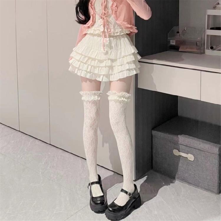 Thigh Highs Stockings with Ruffle Trim Women Flower Lace Fishnet Over Knee Socks