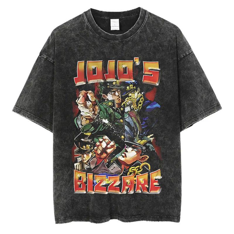 Vintage Washed TShirt Men Summer Hip Hop Streetwear T-shirt JoJo Bizarre Adventure Anime Print Cotton Casual Short Sleeve T-shirt Daily Wear Cool Top