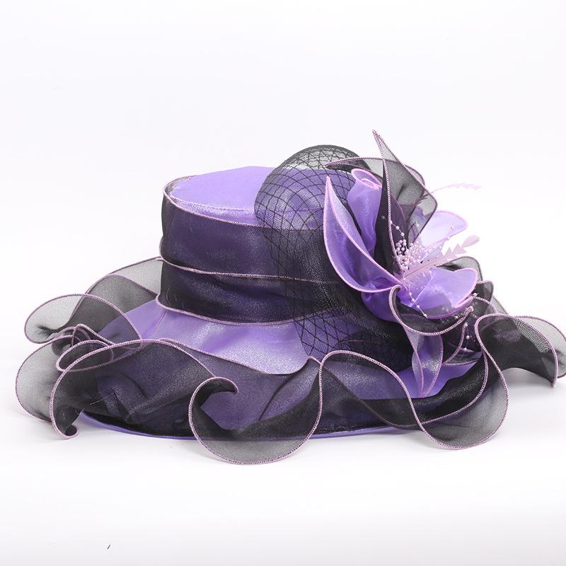 New fashion organza big eave hat, spring and summer women's embroidery flat-top crimped hat, embroidered adult hat