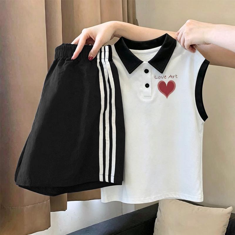 Girls' Patchwork Cotton Polo & Vest Set - Summer Casual Sleeveless Two-Piece