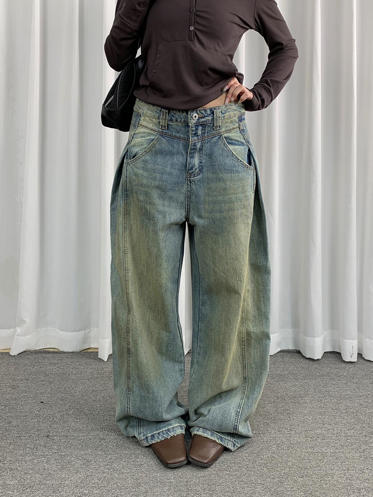 3L Women s American Retro Dirty Wash Denim Pleated Loose Pants - Street Style 1385 Extra Large