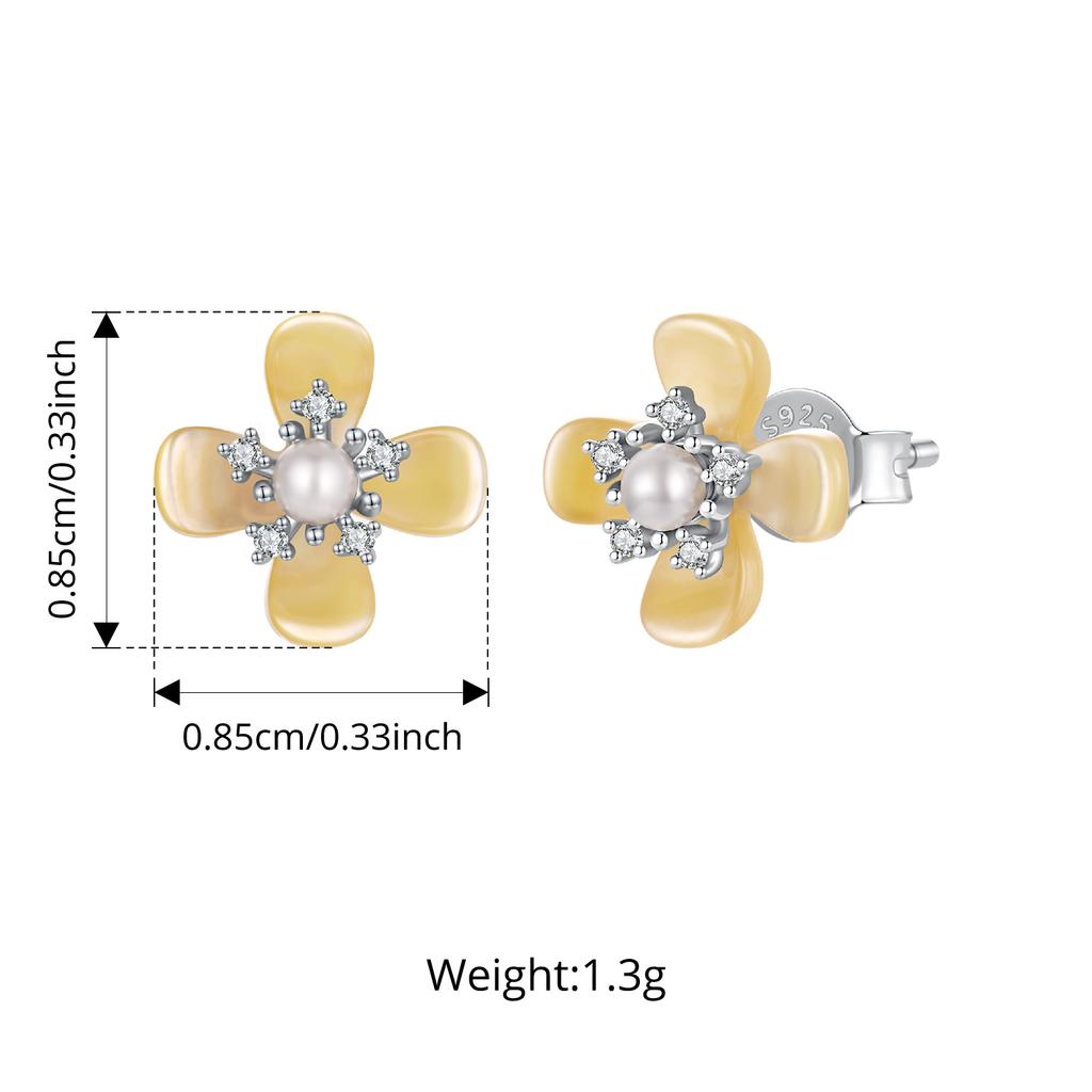 WOSTU 925 Sterling Silver Yellow Shell Pearl Flower Ring Floral Stud Earrings Adjustable Pearl Bead Bracelets Wedding Party Gift