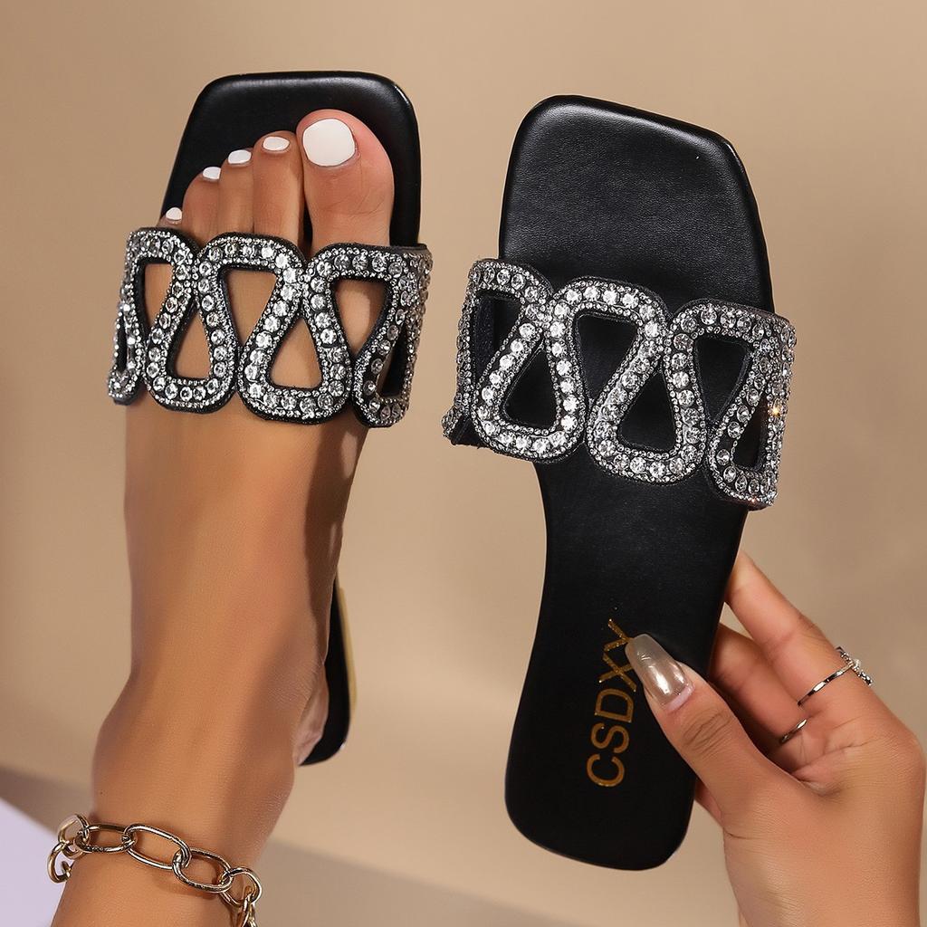 Rhinestone flat-bottomed slippers women's square head one pedal home slippers foreign trade large size FlatSlippers