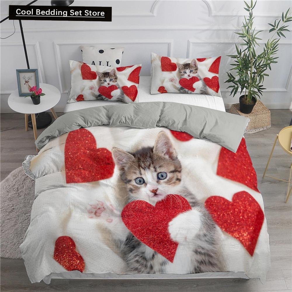 Cartoon Bedding Set Cute Cats Printed 3D Duvet Cover Set Twin Full Queen King Double Sizes Pillowcase Bedclothes Soft Polyester