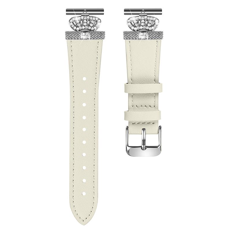 

For Garmin Vivomove HR/Vivomove Watch Band Rhinestone Crown Design Cowhide Strap,Silver Buckle Apricot