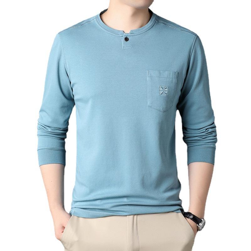Sweter z okrągłym dekoltem dla młodych i mężczyzn w średnim wieku, wiosenno-jesienne nowe casualowe T-shirty z długim rękawem w jednolitym kolorze dla mężczyzn