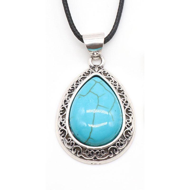 Oval Gemstone Necklace for Women Oval Pendant Semi-precious Stones Jewelry Gift for Wife Necklaces for Mom Drop Alloy Pendant
