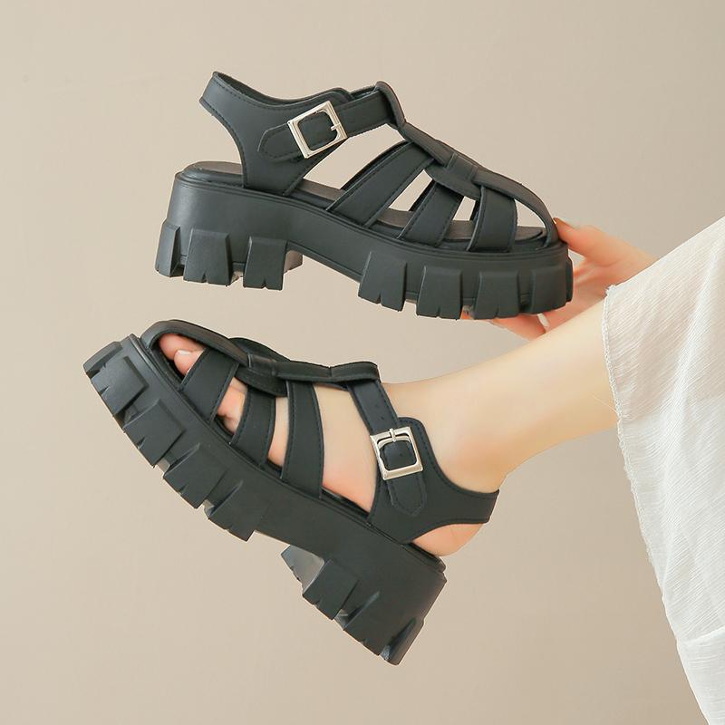 Sandales romaines Baotou pour femmes 2024, nouvelles chaussures d'extérieur rétro tissées, semelle épaisse creuse, décontractées, à boucle unique pour femmes