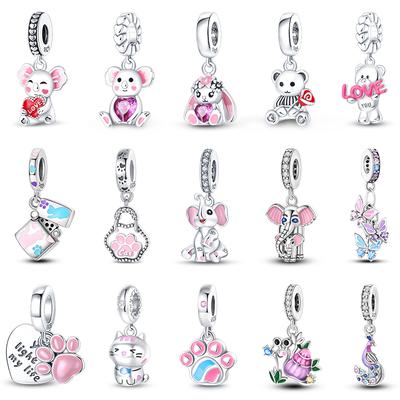 925 Silver Color Cat Bear Elephant Rabbit Cute Pink Animal Charms Bead Fit 925 Original Bracelets Fine DIY Jewelry Gifts