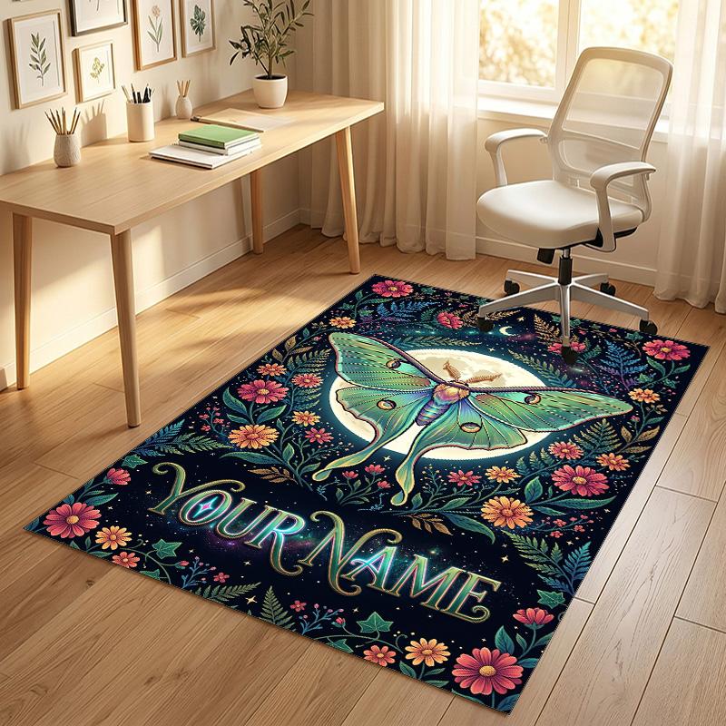 Moonlit Moth Garden Theme Soft Crystal Velvet Rug Custom Name & Text Print Non Slip Floor Rug for Bedroom Living Room
