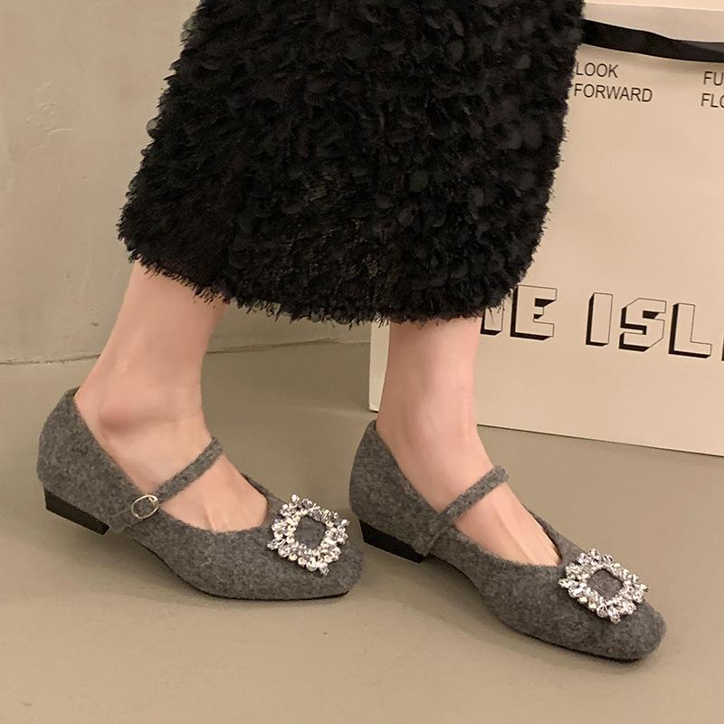 Versatile Thick Heel Single Shoes Women's Skirt Spring 2025 New Rhinestone Velvet Warm Mary Jane High Heels Tide