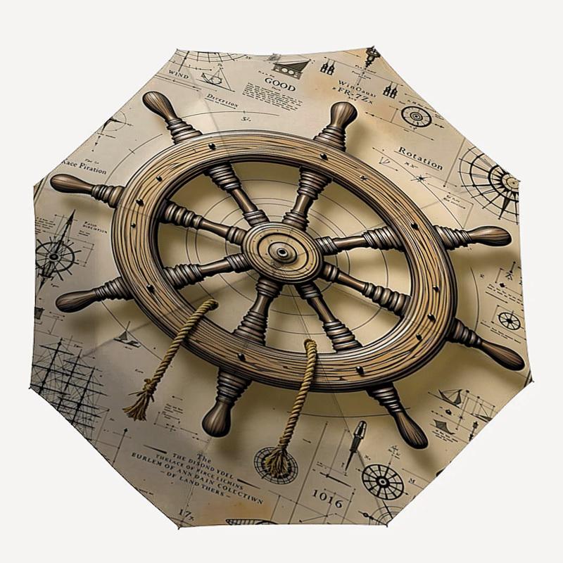 Nautical Wheel, Compass Themed Automatic Opening and Closing Umbrella, Brightly Colored 8-rib Portable Umbrella, Suitable for Men and Women,