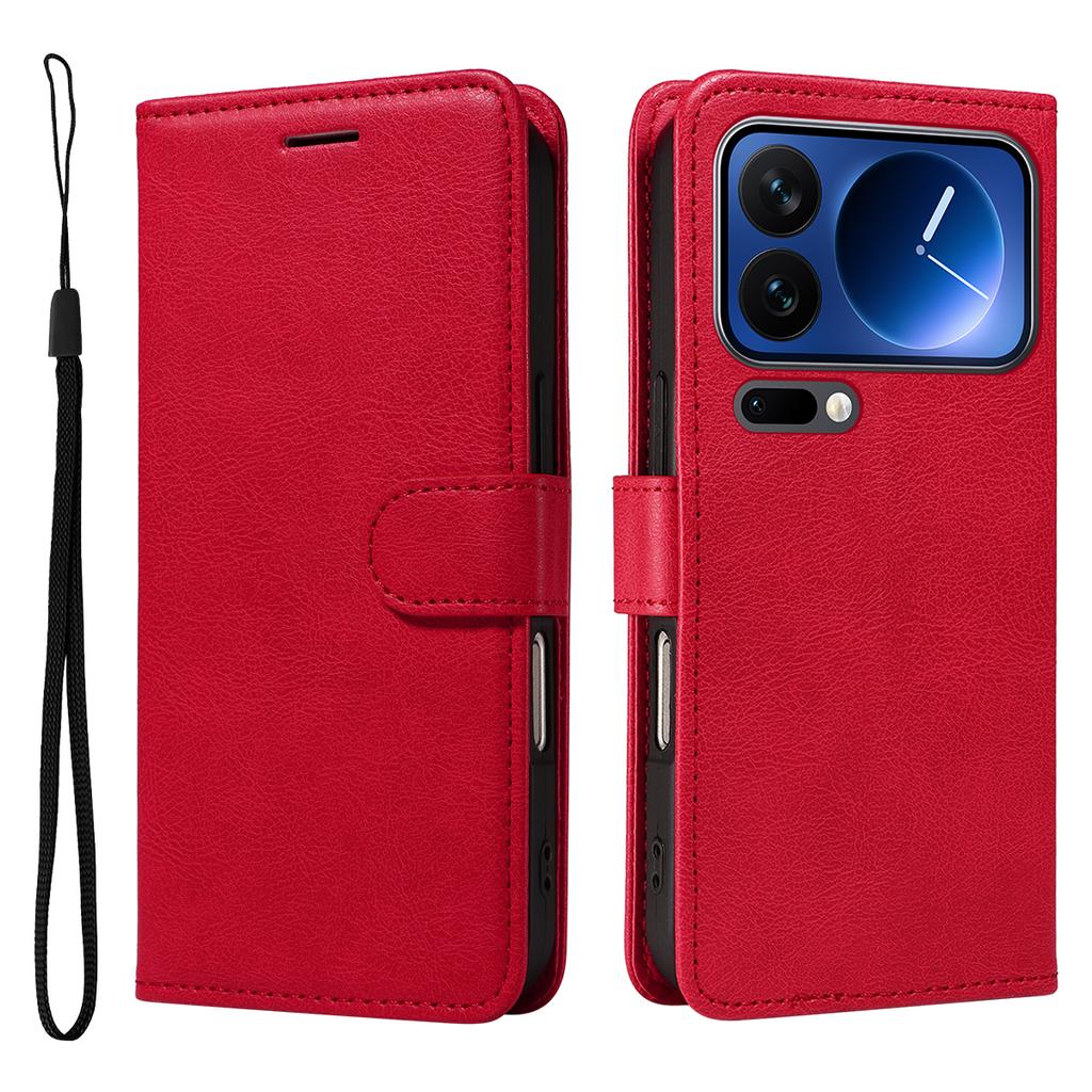 For Xiaomi 17 Pro Leather Wallet Case with Strap Solid Color Phone Stand Cover