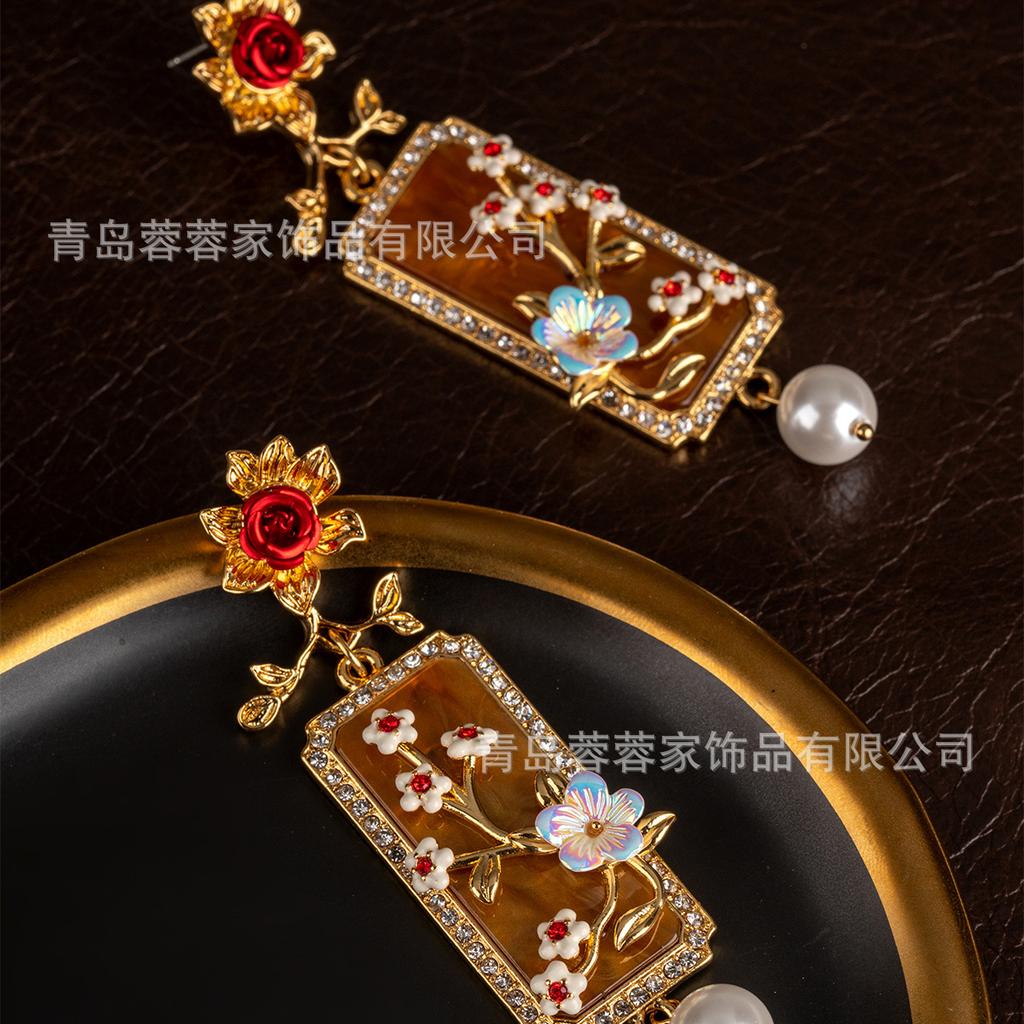Middle Ancient New Chinese Style Palace Relief Flower Square Brand Earrings Long Temperament Heavy Industry Enamel Available Purchase