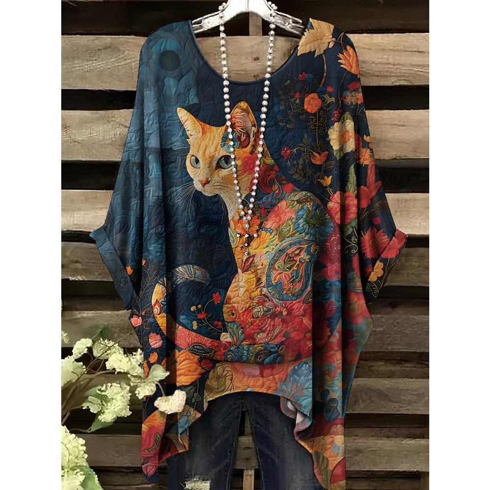 Elegant bohemian vacation style large size simple retro cat pattern print irregular hem crew neck T-shirt