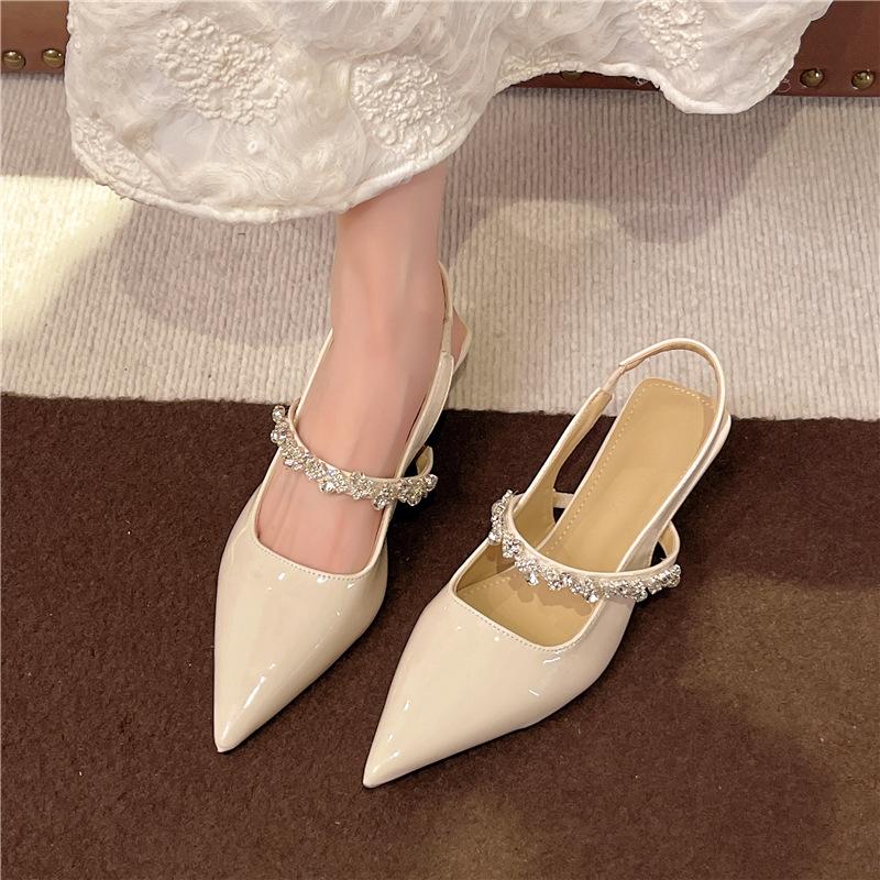 One word with rhinestone sandals women's summer new bag head half drag flat shoes pointed single shoes women's outer wear