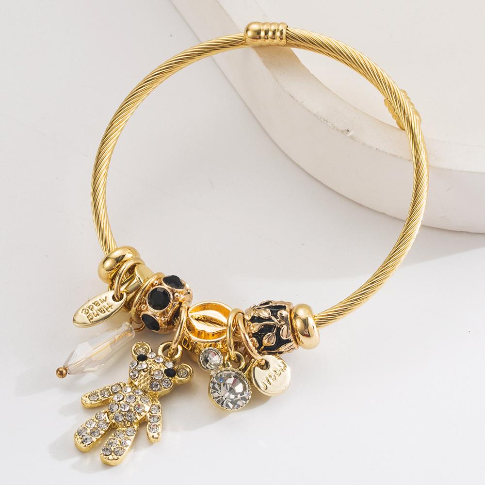 

Gold Stainless Steel Bracelet With Personalized Bear Letter Pendant And Adjustable Opening For Women чорний