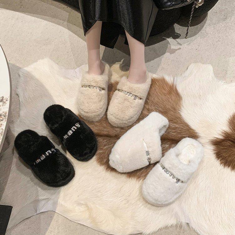 2025 Autumn and Winter New Thick-bottomed Fluffy Slippers Women's Outer Wear Bag Head Rhinestone Letters Fashionable Height-increasing Cotton Slippers