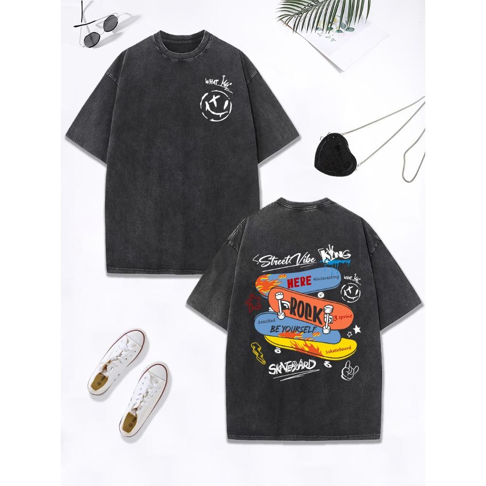 Skateboard Rock Be Youself Printing Washed T-Shirts Women Cotton Oversized T Shirt O-Neck Tops Casual Woman Clothes