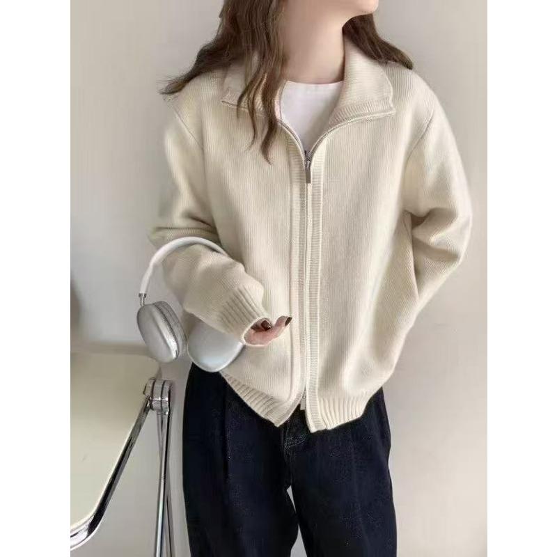 Autumn and winter new double zipper sweater jacket women's thick stand-up collar casual design short knitted cardigan women